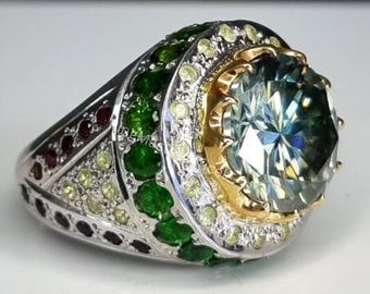 Men's Green Moissanite Ring, 5 Carat Round Gemstone, Sterling Silver 925, Handmade Full Finger Ring