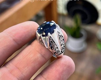 8 Carat Natural Deep Blue Sapphire Sterling Silver 925 Handmade Ring, Real nelam
