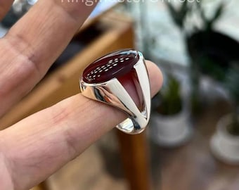 Yemeni Aqeeq Ring for Men, Natural Brown Gemstone, 925 Sterling Silver