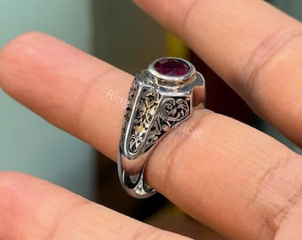 Men's 2 Carat African Ruby Ring – Handmade Sterling Silver Oval Gemstone