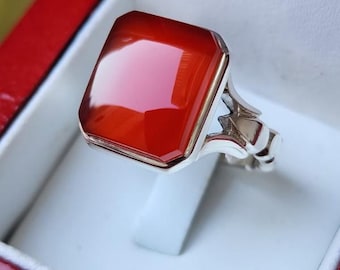 Yemeni Aqeeq Sterling Silver Ring: Natural Brown Red Gemstone