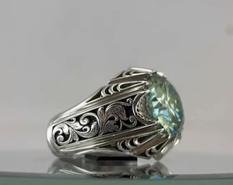 Mens Green Moissanite Ring  925 Sterling Silver Handcrafted