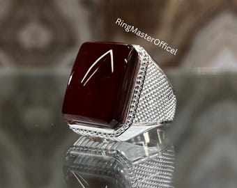 Handmade Brown Red Yemeni Aqeeq Ring – 925 Sterling Silver – Men’s Gemstone Statement Ring