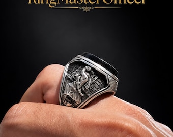 Men’s Black Aqeeq Sword Ring 925 Sterling Silver Handmade Islamic Engraved Statement Ring