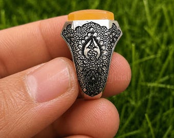 Natural Yellow Aqeeq (Zard Aqeeq) Ring – Handmade 925 Sterling Silver