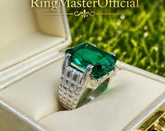 Men’s 10 Carat Emerald Ring – Sterling Silver, Lab-Created Gemstone, Handmade Statement Ring for Him