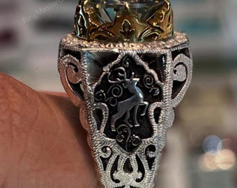 Mens Green Moissanite Ring: Handcrafted 925 Sterling Silver