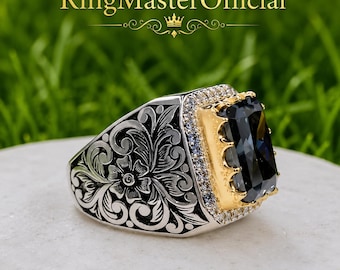 Men's Sterling Silver Green Moissanite Ring – Handcrafted Full Finger Style