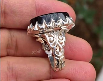 Natural Black Yemeni Aqeeq Ring – Handmade 925 Sterling Silver Gemstone Ring