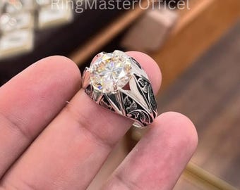 5 Carat Moissanite Sterling Silver Mens Ring: Handmade Artisan Jewelry