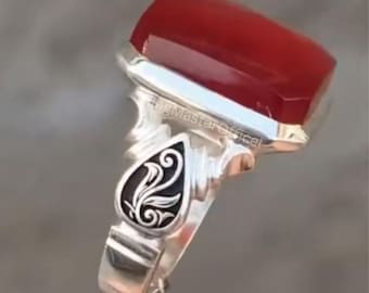 Natural Red Yemeni Aqeeq Ring – 925 Sterling Silver – Men’s Statement Gemstone Ring