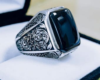 Natural Black Yemeni Aqeeq Ring Sterling Silver 925 Gemstone Ring