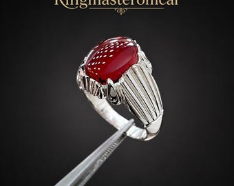 Handmade Brown Red Yemeni Aqeeq Ring – 925 Sterling Silver – Men’s Gemstone Statement Ring
