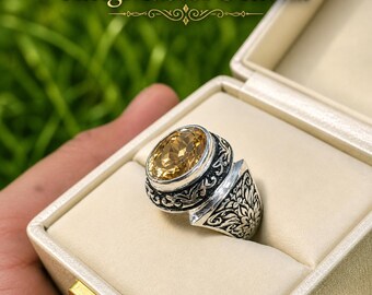 8 Carat Oval Citrine Ring: Handmade Sterling Silver, Natural Gemstone Full Finger Ring