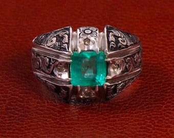 Men's  Emerald Ring | Handmade Sterling Silver Ring | Artisan Green Gemstone Jewelry