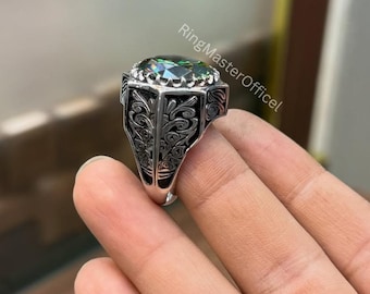 Mens Green Moissanite Ring: Handcrafted 925 Sterling Silver