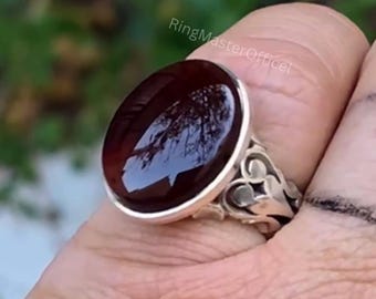 Handmade Brown Red Yemeni Aqeeq Ring – 925 Sterling Silver – Men’s Gemstone Statement Ring