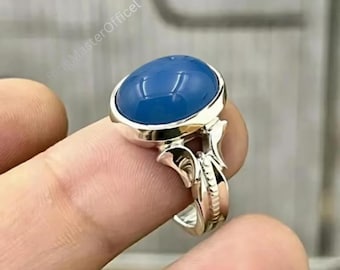 Handmade Yemeni Blue Aqeeq Agate Sterling Silver Ring for Men