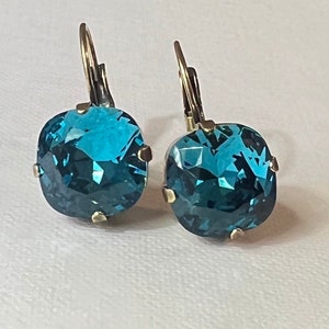 Brilliant Turquoise Cushion Cut Crystal 12mm Earrings Lever Back,  Birthday Gift, Handmade jewelry, Gold Earrings, Gift for her