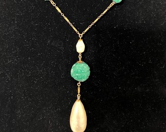 Vintage Peking Glass Necklace, Faux Pearl Drop, Brass Chain, Czech Jewelry