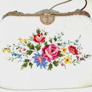 Vintage French White Beaded Embroidered Floral Evening Bag, Vintage Dofan French Purse, White Wedding Purse, Vintage 1940’s