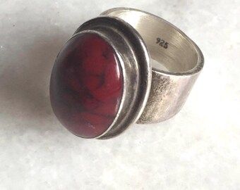 Vintage Red Jasper Sterling Silver Ring, Modernist Scandinavian Style, Size 6