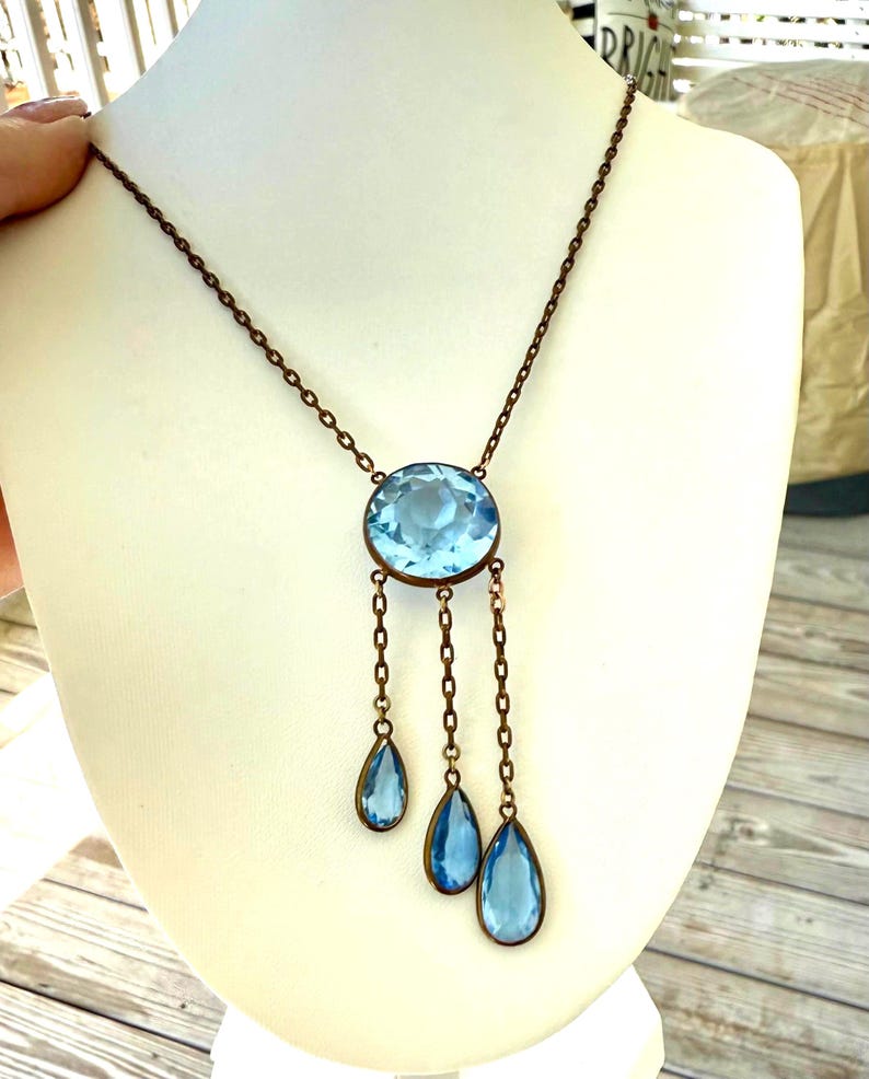 Vintage Art Deco Style Blue Stone Drop Necklace image 6
