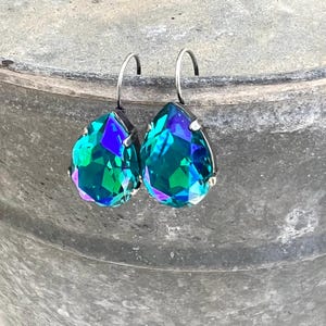 Swarovski Aquamarine Shimmer Pear Crystal Drop Earrings, Large Teardrop Crystal Earrings, Gift For Her, Handmade Earrings