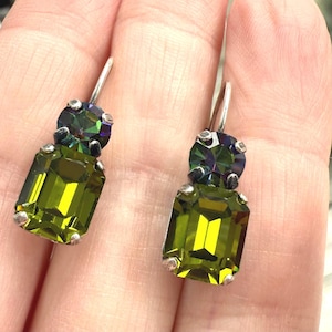 Pendientes de doble gota de cristal Swarovski verde olivino de 8 x 10 mm, regalo para ella, joyería hecha a mano, regalo para ella