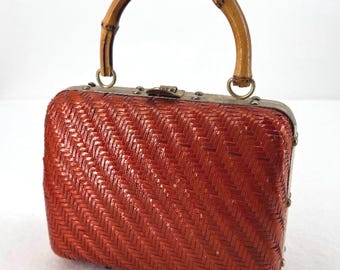 Vintage 1960s Italian Bobbie Jerome Red Wicker Purse, Red Woven Purse,Bamboo Handle Purse, Summer Bag with Gold Hardware