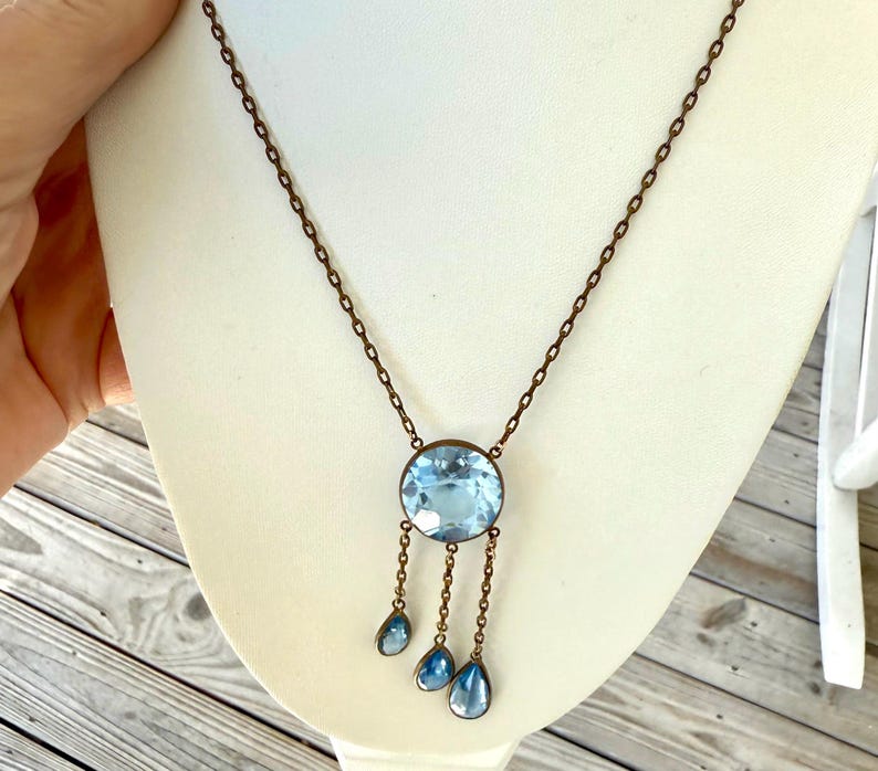 Vintage Art Deco Style Blue Stone Drop Necklace image 3