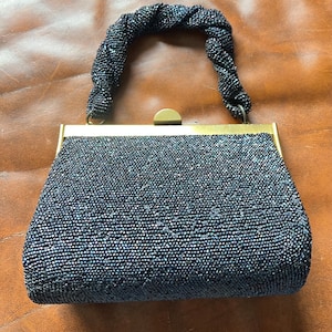 1940er Fre-Mor Vintage Handtasche Navy Blue Bead Box Geldbörse, Vintage Perlenhandtasche, Geschenk für sie, Geldbörse, Vintage Abendtasche, blaue Perlentasche