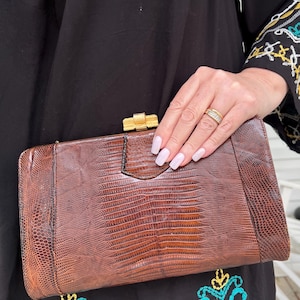 Vintage Lizard Clutch Purse Gold Metal Clasp, Escort Bag Lizard Purse, Vintage Brown Clutch Bag