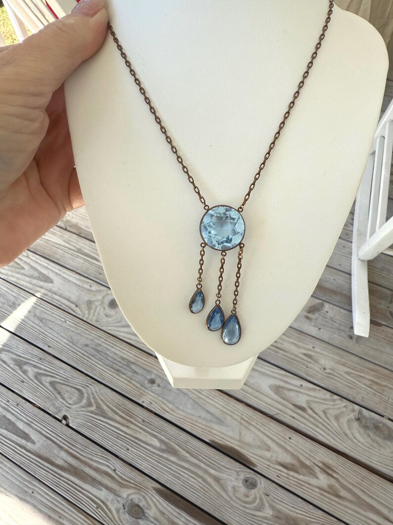 Vintage Art Deco Style Blue Stone Drop Necklace image 9