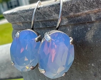 Air Blue Opal Swarovski Crystal Oval Cut Earrings Lever Back, Gift for Her, Birthday Gifts, Blue Earrings, Bridal Jewelry, earrings