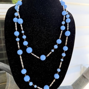Vintage Pale BlueCzech Glass Long Necklace, Czech Bead Necklace, Vintage Jewelry