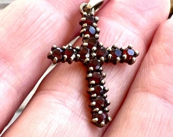Vintage Garnet Cross Pendant, Sterling Silver