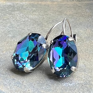 Aqua Vitrail lichtblauwe Swarovski-kristal ovaal geslepen oorbellen met hendel, cadeau voor haar, verjaardagscadeaus, zilveren oorbellen, cadeau voor haar