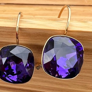 Purple Swarovski Crystal Earrings, Gift for her, Handmade Earrings, Crystal Bezel set earrings, Lever back, Gold Earrings, Fall Style