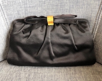 Vintage 1950s Magid Black Satin Bow Clutch, Evening Bag