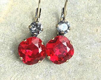 Scarlet Red Swarovski Double Drop Earrings, 12mm Cushion Cut, Antiqued Brass Lever Back