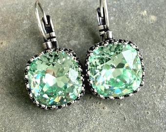Chrysolite Green Cushion Cut Swarovski Crystal Drop Earrings, Antiqued Silver Crown Setting