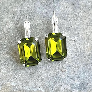 Olivine Green Swarovski Crystal Square Octagonal Cut Earrings Lever Back, Green Crystal Earrings, Gift For Her, Bridesmaid