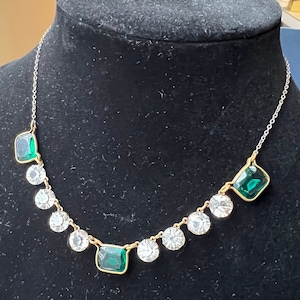 Vintage Czech 1930’s Glass Clear and Green Crystal Open Back Rivière Necklace, Art Deco, Necklace, Bezel Set necklace, Vintage Necklace