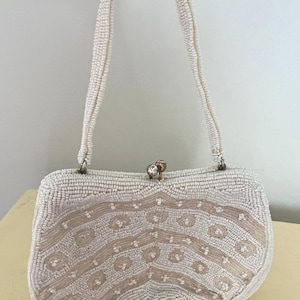 Elegant Hand Beaded White 1960’s Handbag, Handmade in Japan , Wedding Handbag, beaded evening bag