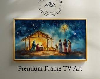 May include: A framed watercolor painting depicting the Nativity scene under a starry night sky. The artwork features the Holy Family in a stable, with the Three Wise Men approaching. The frame is gold, and the text "Premium Frame TV Art" is at the bottom.