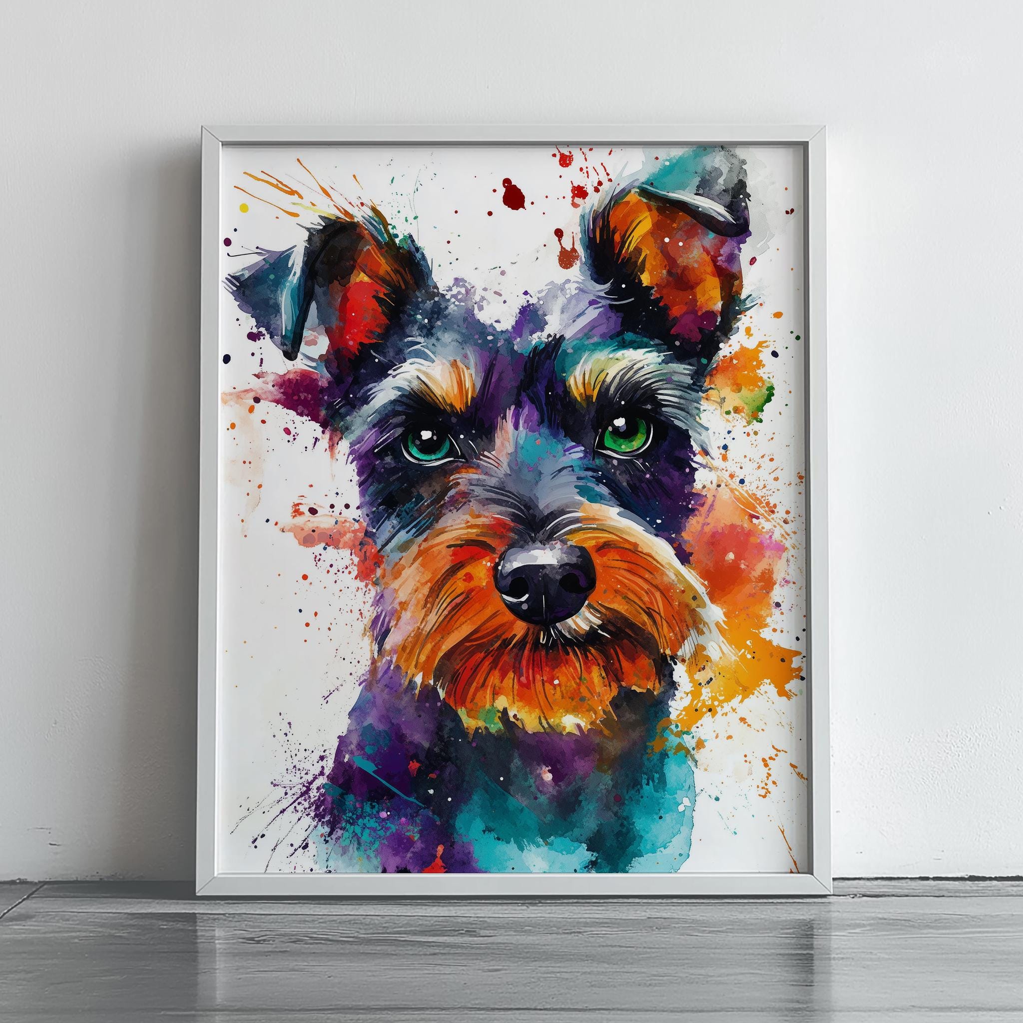 鮮やかなミニチュアシュナウザーの肖像画 - カラフルな犬のアート