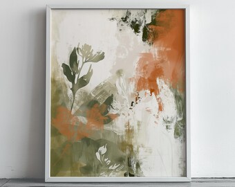 May include: Abstract art print in a white frame. The artwork features a blend of colors, including shades of green, orange, and white, with a botanical theme. The design incorporates brushstrokes and floral silhouettes, creating a modern aesthetic.