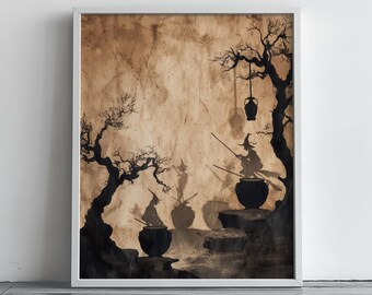 May include: A framed art print featuring a silhouette scene of witches stirring cauldrons. The artwork has a vintage, sepia-toned background with black silhouettes of trees, witches, and cauldrons. The print is in a white frame.