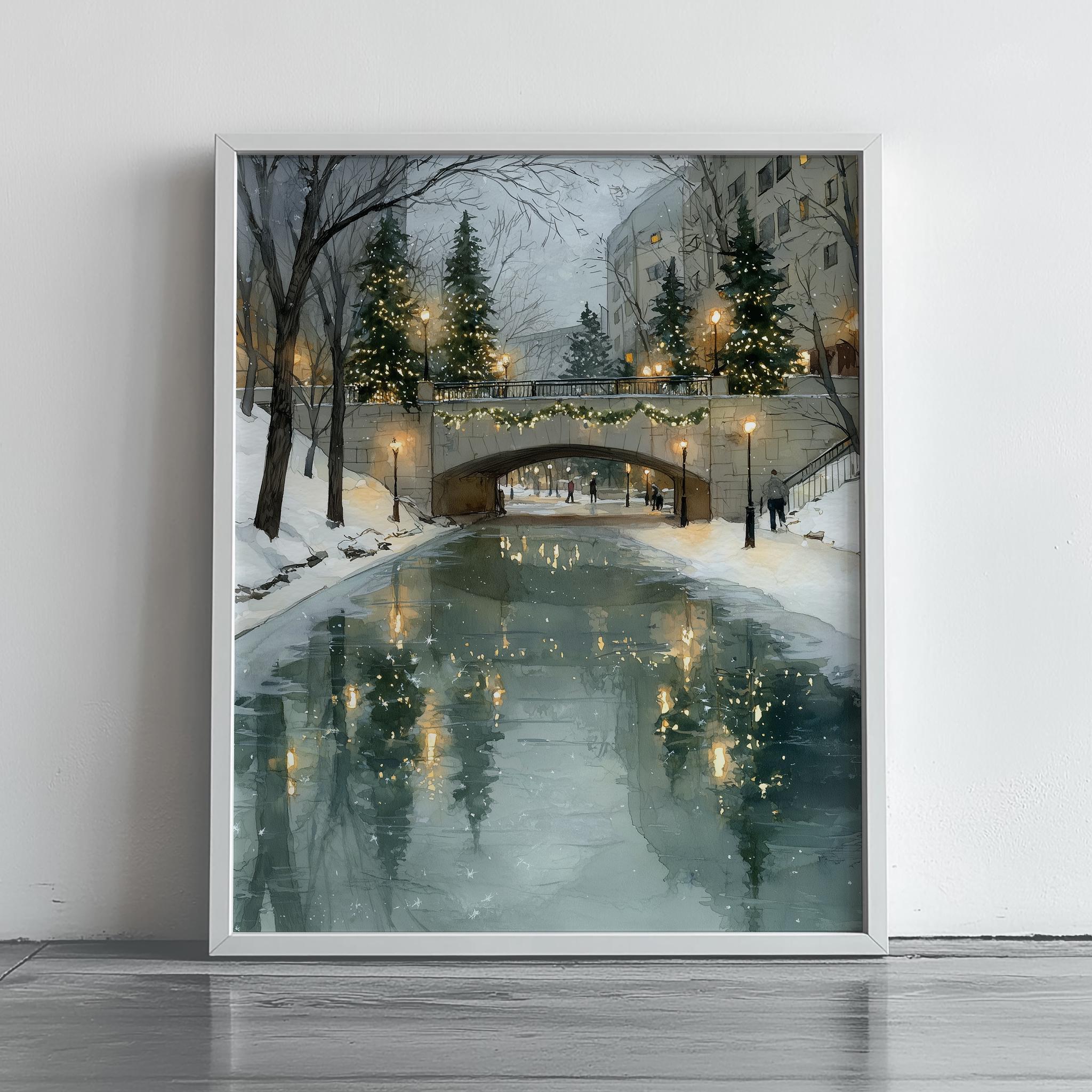 凍った川にかかる冬の橋の印刷可能なイラスト - 雪景色のアート、素朴